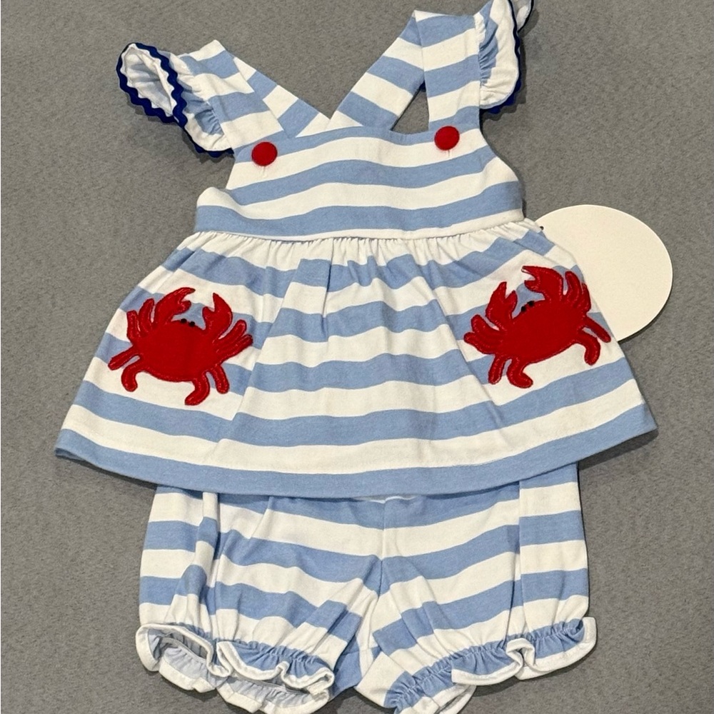 Striped Blue and White Baby Outfit with Red Crab Accents